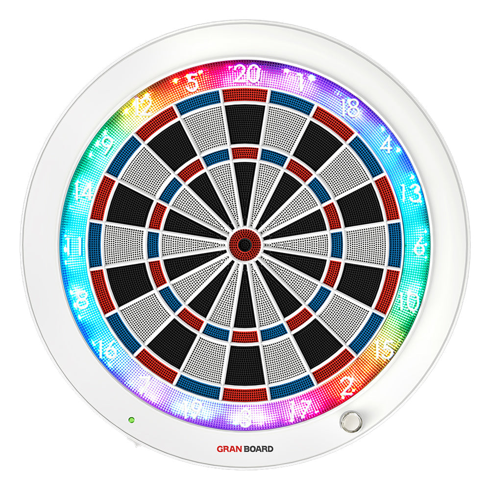 Granboard 3s soft tip electronic dartboard that connect to any smartphone for home and online play. Available in white colorway
